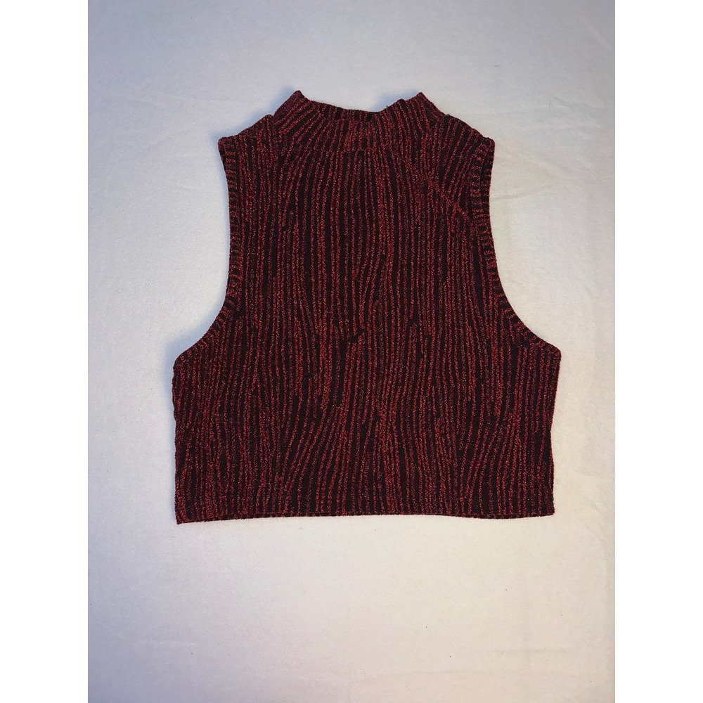 Madden NYC Red Black Metallic Knit Mock Neck Sleeveless Crop Top Small